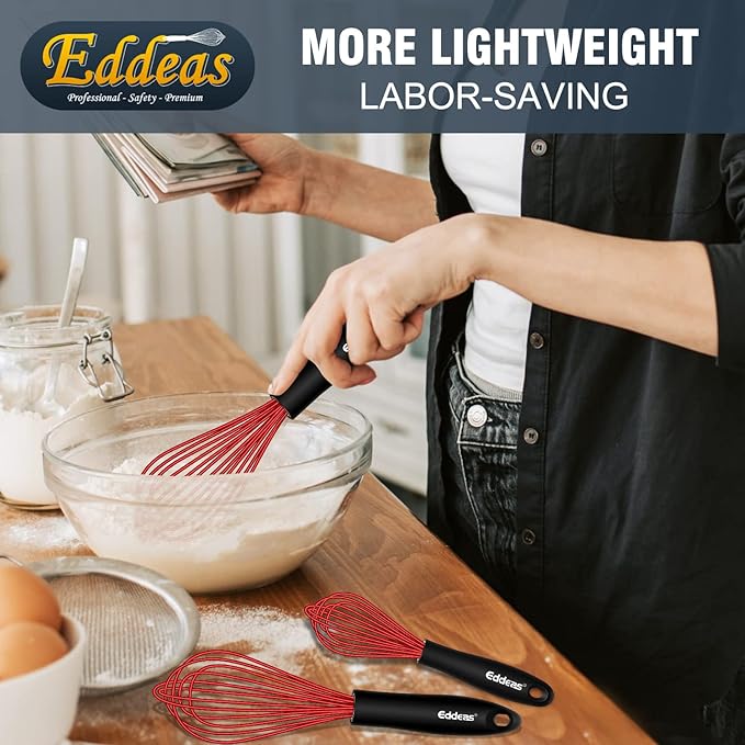 Silicone Whisk, Eddeas Stainless Steel & Silicone Non-Stick Coated Whisks set of 3-Heat Resistant (450°F) Kitchen Whisks Perfect for Blending, Whisking, Beating & Stirring, Red
