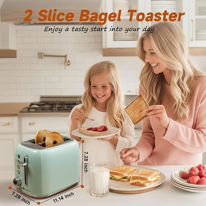 Aigostar Toaster 2 Slice Retro Toaster Stainless Steel, 1.6 inch Extra Wide Slots Bread Toaster Bagel, Cancel, Defrost Function, 6 Shade Settings & Removable Crumb Tray for Bread Waffle, Aqua Green