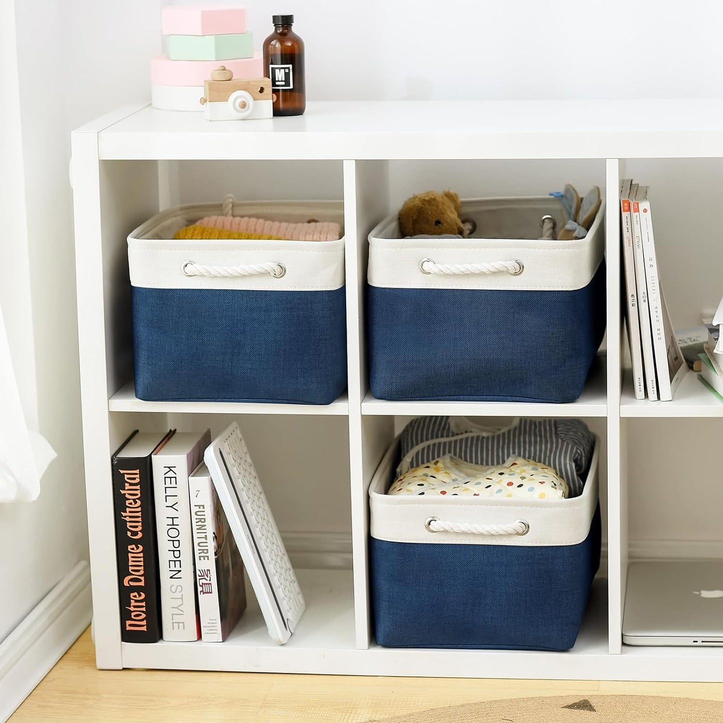Organization and Storage Basket for Shelves - 16x12x8 inch Large 3 Pack Canvas Storage Bin Collapsible Baskets for Organizing, Fabric Storage Cubes for Cloth Laundry (White&Deep Blue)