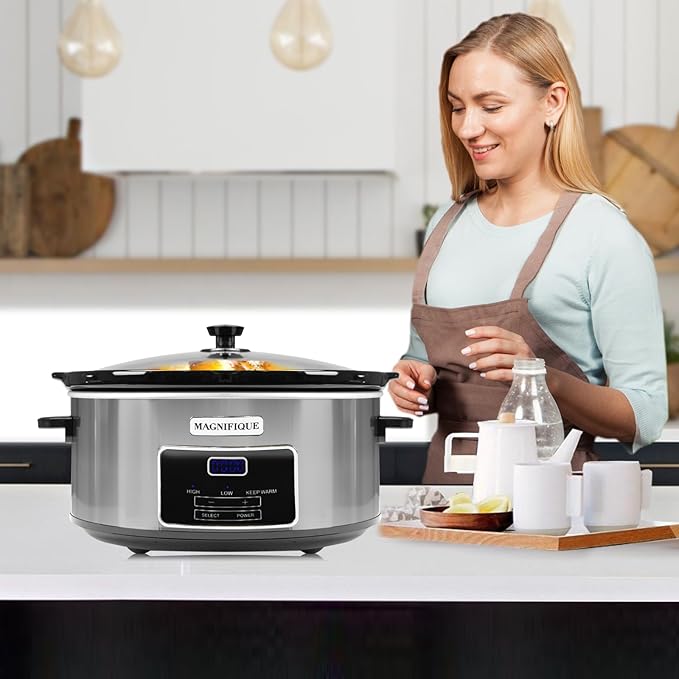 Magnifique 8-Quart Digital Programmable Slow Cooker with Timer - Small Kitchen Appliance for Family Dinners - Serves 10+ People - Heat Settings: Keep Warm, Low and High