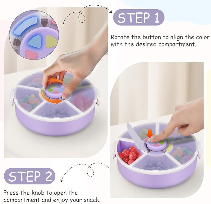 Snack Spinner Set for Kids – 2-Pack, Includes Rotating Snack Container & Classic Sectioned Snack Box, BPA-Free, Dishwasher Safe, Perfect for Travel, Purple