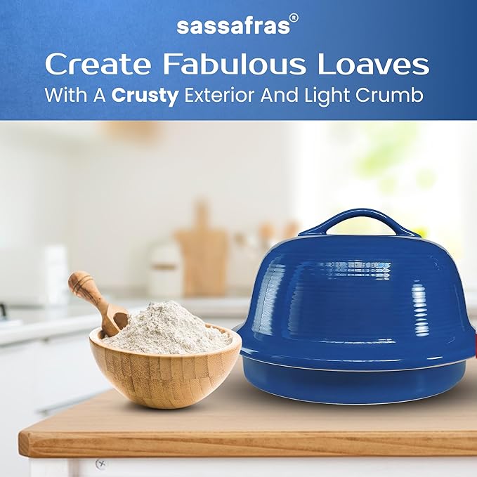 Sassafras Superstone® Stoneware La Cloche® Bread Baker with Blue Glazed Exterior and Unglazed Interior Bakes an Artisan Bread with Crusty Crust and a Light Crumb