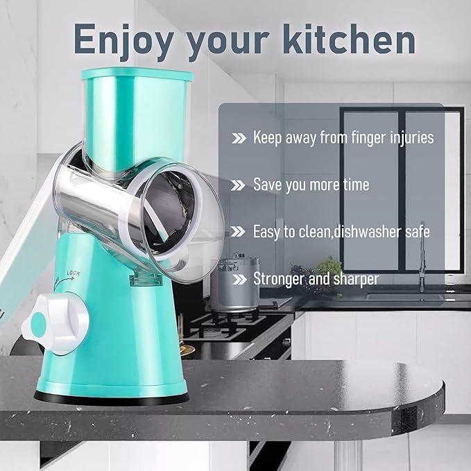 KEOUKE Rotary Cheese Grater with Handle Vegetable Cheese Shredder Slicer Grater for Kitchen 3 Changeable Blades for Cheese Potato Zucchini Nuts Chocolate - Light Blue