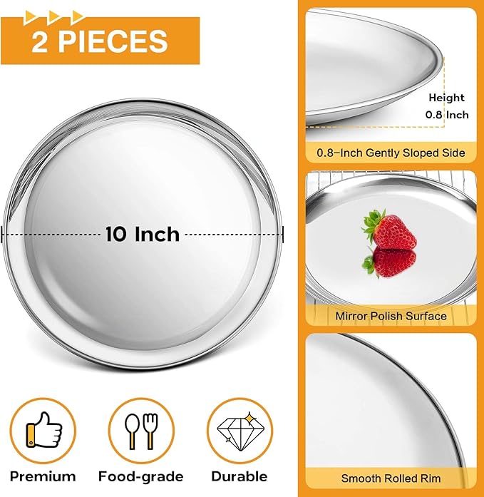 P&P CHEF 10 Inch Pizza Pan, Stainless Steel Round Pizza Tray Baking Pans, Pizzas Plate Serving Tray for Cookie Meat, Oven & Dishwasher Safe & Easy Cleaning, (Mirror Finish) - 2 Pieces