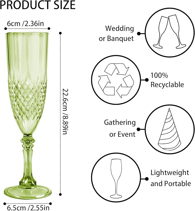 Plastic Champagne Flutes, 24PCS Green Plastic Wine Glasses Goblets Reusable Champagne Flute for Weddings, Bachelor Parties, Toasting, and Events(24, Green)