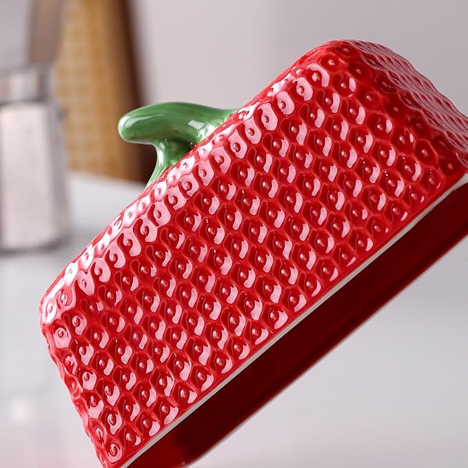 Strawberry Butter Dish with Lid, Ceramic ButterDish, Large Kitchen Strawberry Butter Holder, Serving Tray with Cover, Butter Storage Container, Holds 1 Stick (Red, Large)
