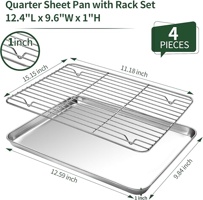 Baking Sheet with Wire Rack Set [2 Quarter Sheet Pans + 2 Wire Racks ], CEKEE Stainless Steel Cookie Sheets for Baking with Baking Rack, Non Toxic & Heavy Duty & Easy Clean, Size 12 x 10 x 1 Inch