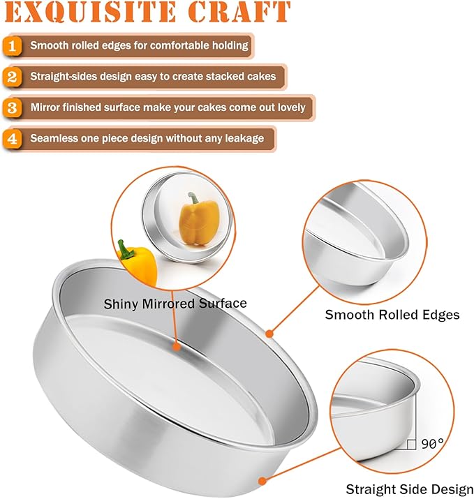 P&P CHEF 8 Inch Round Cake Pan Set of 3, Stainless Steel Round Baking Layer Pans Bakeware for Layer Birthday Cake, Fit Oven/Pots/Pressure Cooker, Leakproof & Dishwasher Safe, Silver