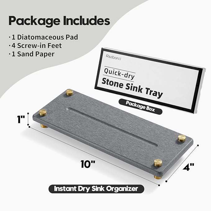 Kitchen Sink Caddy Water Absorbing Stone Drying Tray, Diatomite Bathroom Sink Organizer, Faucet Counter Mat Coaster, Soap Dish Rack Riser Dispenser Sponge Holder, Dark Gray Gold 10" x 4"