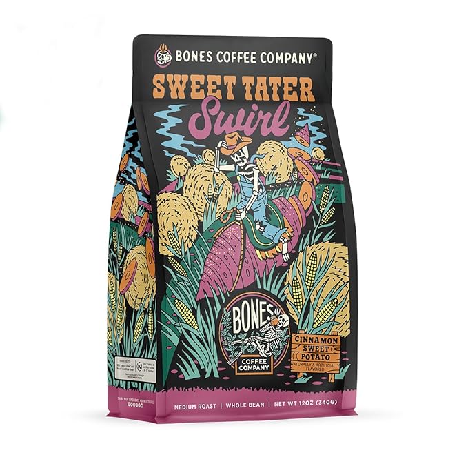 Bones Coffee Company Sweet Tater Swirl, Cinnamon Sweet Potato Flavored Coffee, Medium Roast Low Acid Arabica Beans Compatible with Auto drip and French Press Coffee Maker, 12 Oz Whole Bean