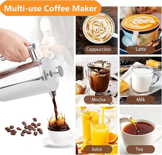 Stainless Steel French Press Coffee Maker 1500ml, Double-Wall Insulated Large French Coffee Press for travel camping，Large Capacity, （50oz, Silver）