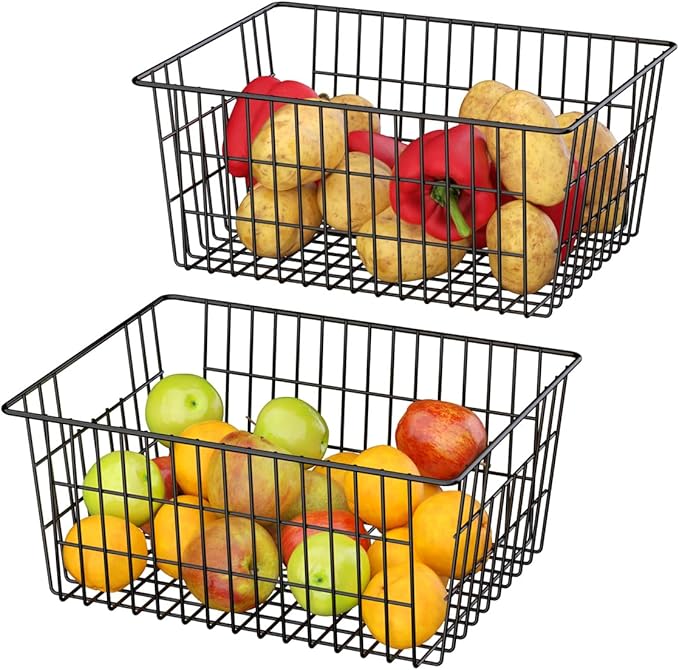 SANNO Freezer Baskets Metal Storage Organizer Bin Basket Wire Storage Basket for Kitchen Pantry Bathroom Large Metal Farmhouse Food Fruit Produce Organizer Bins,black,2