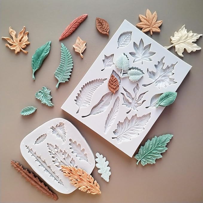 2PCS Leaf Silicone Molds, Tree Leaves Shape Cake Fondant Mold, 3D Unique Chocolate Candy Jello Biscuit Dessert Mold, Resin Plaster Polymer Clay Soap Mold, Cake Decorating Tool
