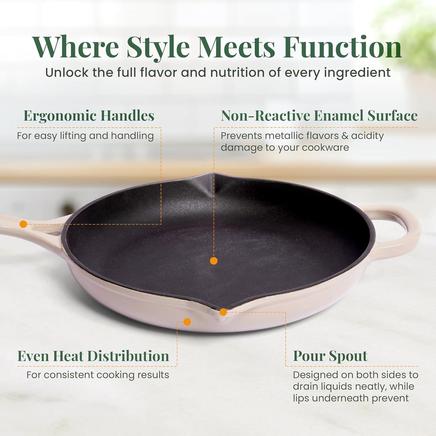 Larder & Vine Enameled Cast Iron Skillet | 10.25 inch Cast Iron Pan | Saute Pan with Pour Spouts | Enamel Coated Cast Iron Skillet | Compatible on All Cooktops & Oven Safe to 500° F | Stone