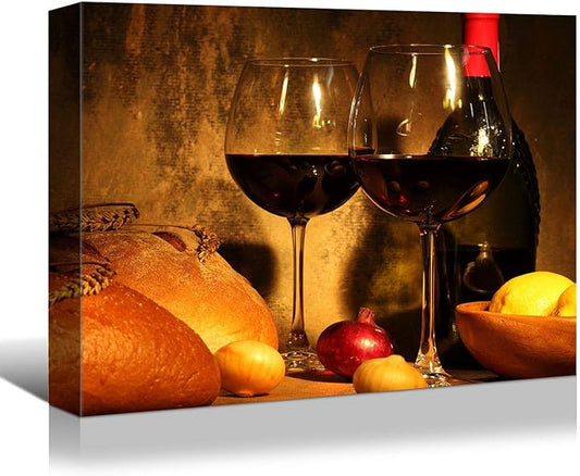 Looife Kitchen Still Life Canvas Wall Art, 16x12 Inch Gallery Wrapped Wine Cup with Bread Picture Prints Wall Decor, Food Art Deco for Dining Room and Bar
