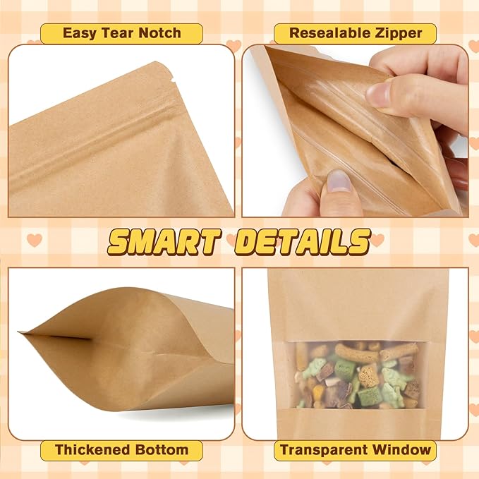 Jetmore-50pcs-Smell-Proof-Bag, Resealable Zip Lock Bags Various Sizes, Reusable Snack Bags, Stand Up Packing Bags with Window, Small Brown Paper Pouches for Candy, Nuts, Spice, Sample, Product