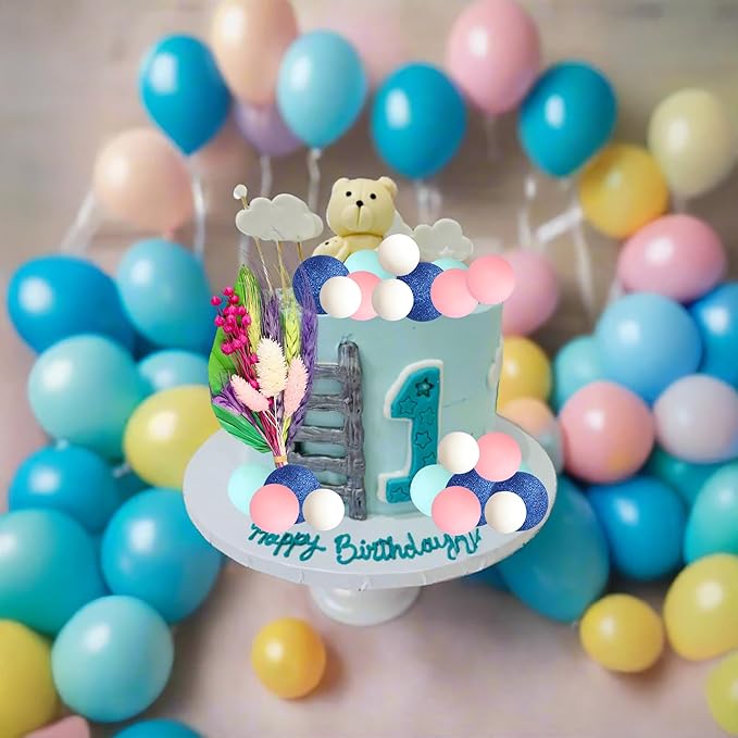 Gyufise 21 Pack Flower Boho Cake Topper Ball Cake Decorations Palm Leaves Plants Cake Decor for Girl Bohemian Princess Theme Wedding Baby Shower Birthday Party Supplies Blue Pink