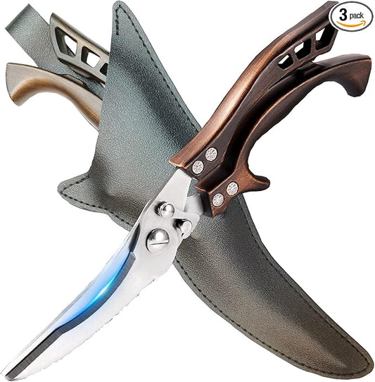 ANDONG Kitchen Scissors, Heavy Duty Professional Poultry Shears, Stainless Steel Spring Loaded, Dishwasher Safe, with Black Leather Sheath