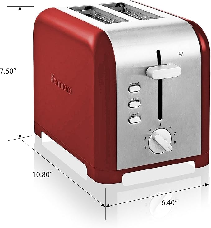 Koolatron Kenmore 2-Slice Toaster, Stainless Steel, Red and Silver, with Extra Wide Slots, Self-Adjusting Bread Guides, Defrost, Bagel and Removable Crumb Tray, Small (KKTS2SR AZ)
