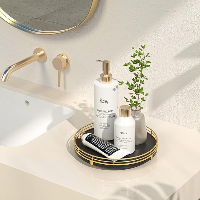 9" Oak Wood Bathroom Tray for Counter, Vanity Tray for Perfume Lotion Candle Makeup Jewelry Sink Soap Holder Turntable Dresser Organizer Countertop Coffee Table Decor Organization and Storage Gold