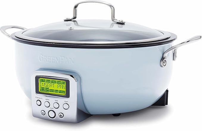 GreenPan Elite Essential Smart Electric 6QT Skillet Pot,Sear Saute Stir-Fry and Cook Rice, Healthy Ceramic Nonstick and Dishwasher Safe Parts, Easy-to-use LED Display, PFAS-Free, Blue Haze