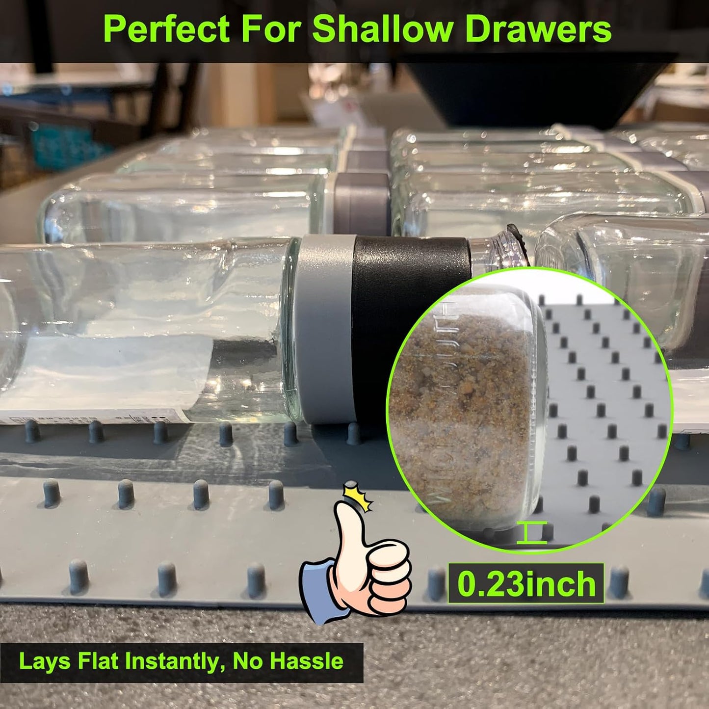 Spice Drawer Organizer insert, Adjustable & Non-Slip Silicone Spice Drawer Liner, in Drawer Spice Organizer for Seasoning Jars and Spices Bottles -Grey