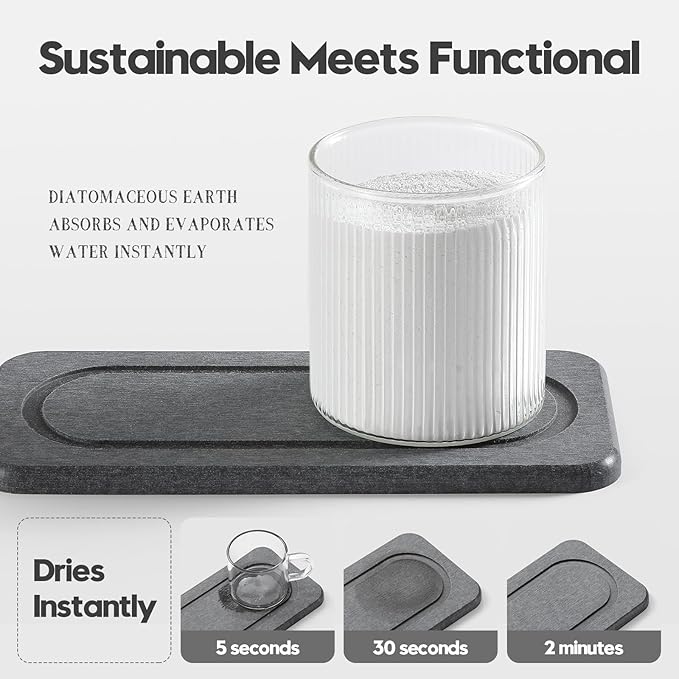 2Pack Diatomite Stone Coasters Water Absorbing Sink Tray for Kitchen & Bathroom Counter, Quick Dry Soap Dish Vanity Caddy, Dispenser Sponge Holder Space Organizer, Dark Gray - 8"x 3.8"