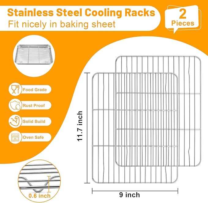 TeamFar Cooling Rack, 11.7” x 9” Stainless Steel Wire Baking Rack for Cooking Roasting Grilling, Fit for Oven Pan, Oven & Dishwasher Safe, Non-toxic & Heavy-Duty, 2PCS