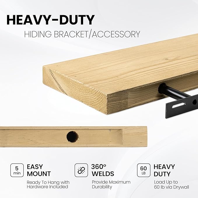 Fun Memories Floating Shelves for Wall Decor, 40"x8" Rustic Reclaimed Wood Shelves, Heavy-Duty Wall Mounted Shelves with Invisible Brackets, Set of 2for Living Room, Bedroom, Kitchen, Natural Finish