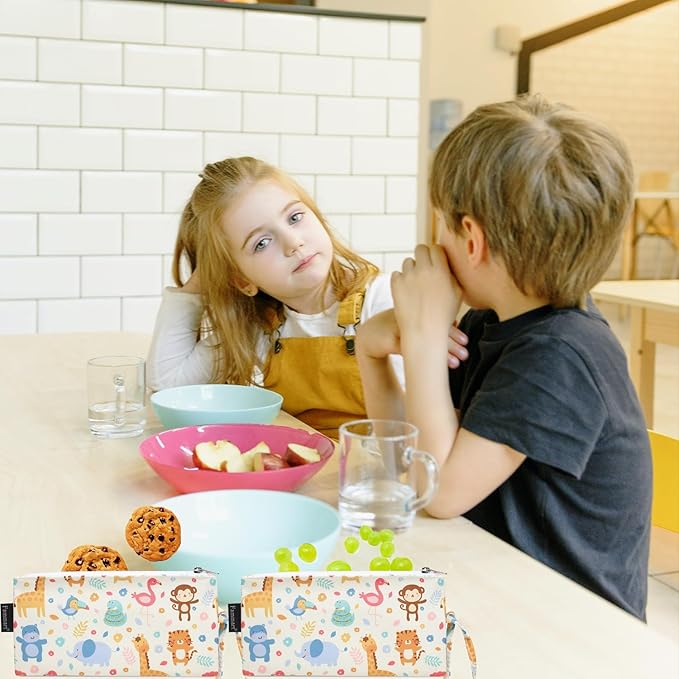 Reusable Sandwich Bag/Snack Bag for Kids & Adults, Dual Layer Lunch Bag with Handle, Washable, Food Safe, BPA Free (2-Pack, Zoo)