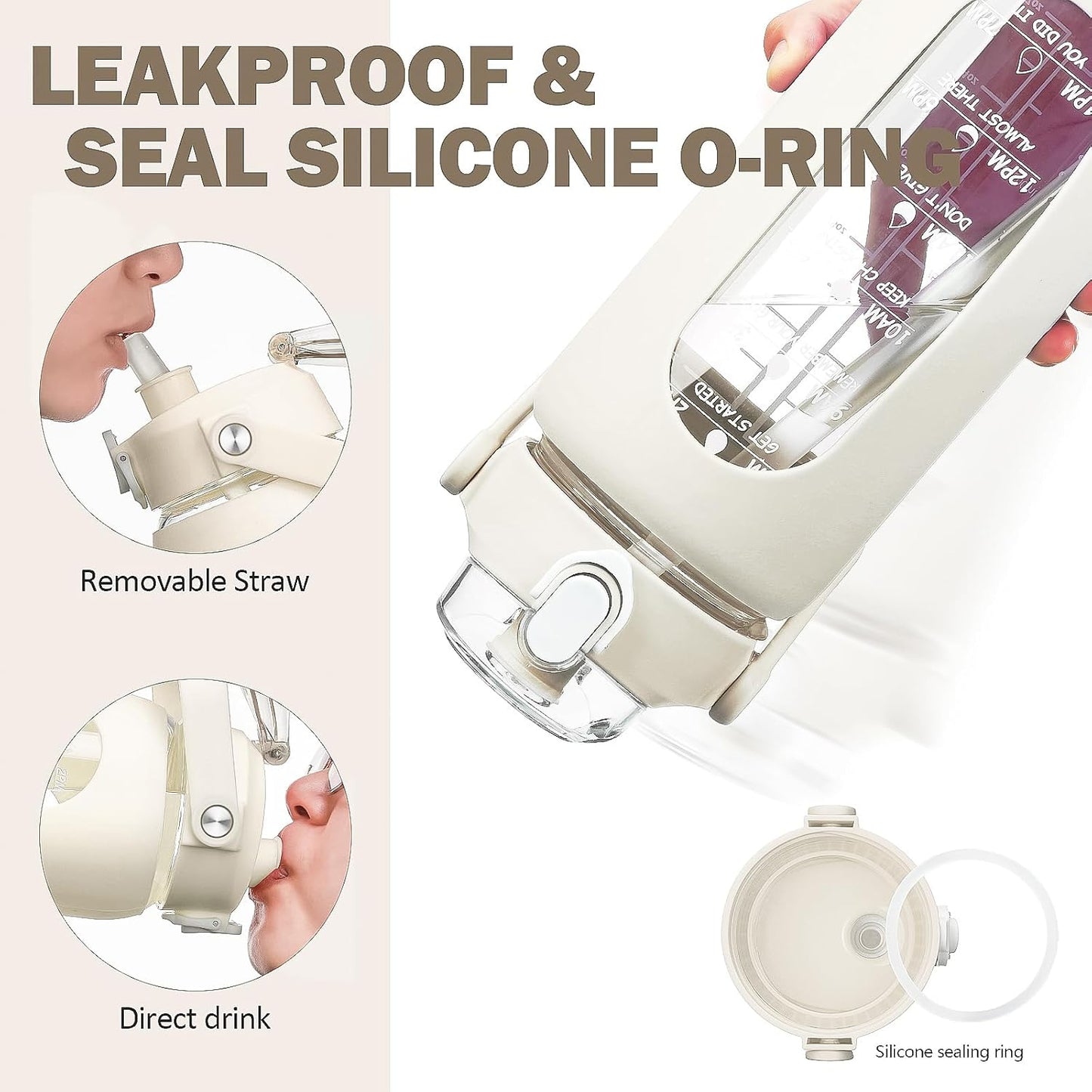 kytffu 56oz Glass Water Bottles with Straw, Motivational Glass Bottle with Silicone Sleeve and Time Marker, Leakproof Large Glass Water Jug for Gym Home Office,White