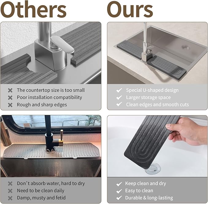 Faucet Mat for Kitchen Sink, Diatomite Stone Drying Sink Protectors, Bathroom Faucet Splash Guard, Quick Dry Water Absorbing, Non-Slip Stone Tray for Kitchen Counter, Grey, 23.6" x 3.9"