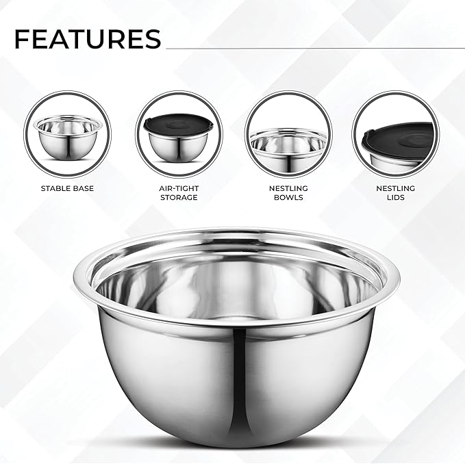 AVADOR Premium Stainless Steel Mixing Bowls Sets Brushed Stainless Steel Mixing Bowl Set, Easy To Clean, Space Saving, Great for Cooking, Baking, Prepping Needs (8 pc with Lid and Grater)