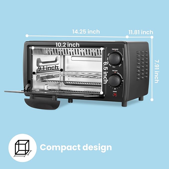 COMFEE' Toaster Oven Countertop, Small Toaster Ovens Combo 4 slice, Mini Oven for 9" Pizza, Compact Oven 2 Racks for Toast, Bake, Broil, 950W, Black, CTO-E101A(BK)