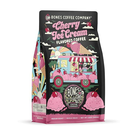 Bones Coffee Company Cherry Ice Cream Flavored Coffee, Medium Roast Low Acid Arabica Beans Compatible with Auto drip and French Press Coffee Maker, 12 Oz Whole Bean