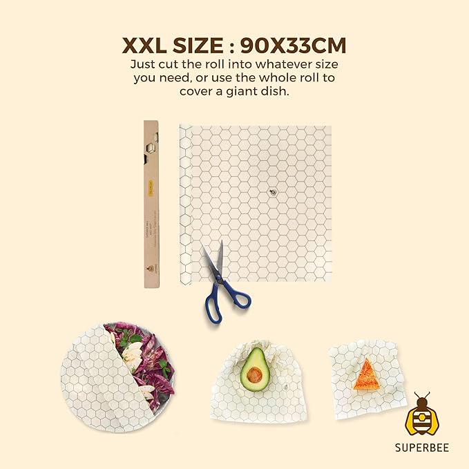 SUPERBEE Beeswax Wrap Roll XL, Reusable Beeswax Wrap for Food, Wrap Roll, Reusable Bees Wrap Paper for Wrapping Vegetables & Cheese, Bowl Covers and Sandwich Wrapping Paper, Hexagonia - 35x13"