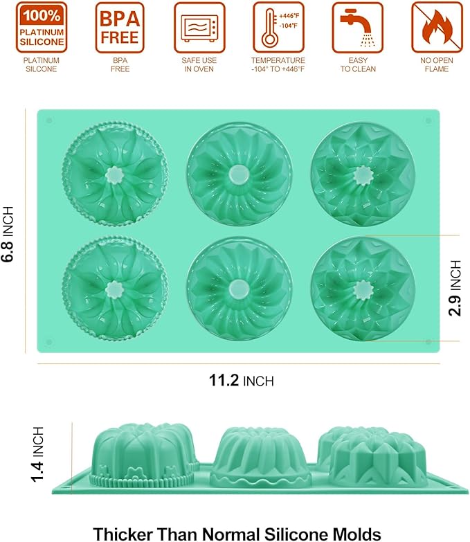 HUAKENER 2 Pcs Mini Fluted Cake Pan, 6-Cavity Fluted Tube Cake Pan, Non-stick Silicone Baking Mold for Cupcakes, Donuts, Cornbread, Brownies, Jellies