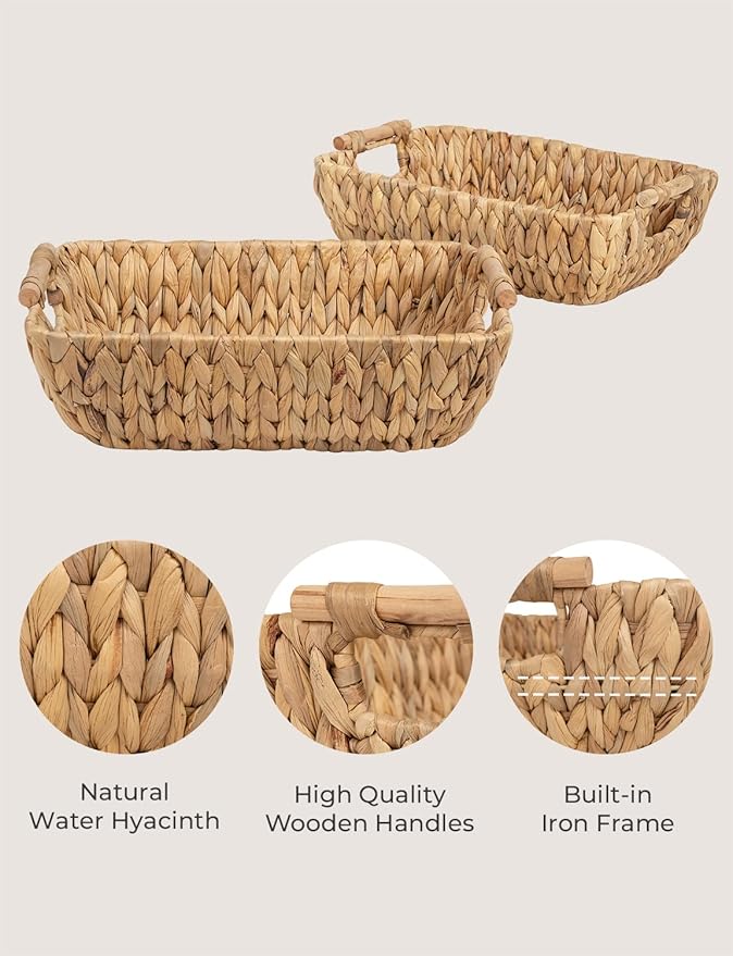 StorageWorks Hand-Woven Large Storage Baskets with Wooden Handles, Water Hyacinth Wicker Baskets for Organizing, 2-Pack