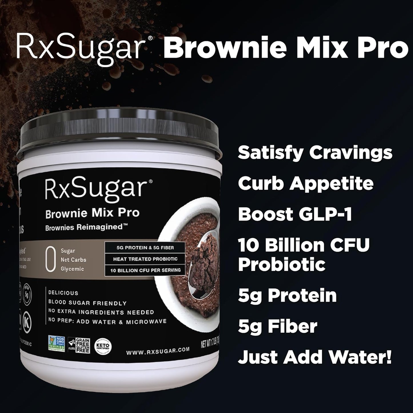 RxSugar Brownie Mix Pro | 10 Billion CFU Probiotic & Prebiotic Fiber | 1.7 lbs | 0 Net Carbs | Chocolate Mug Brownie Made with Allulose