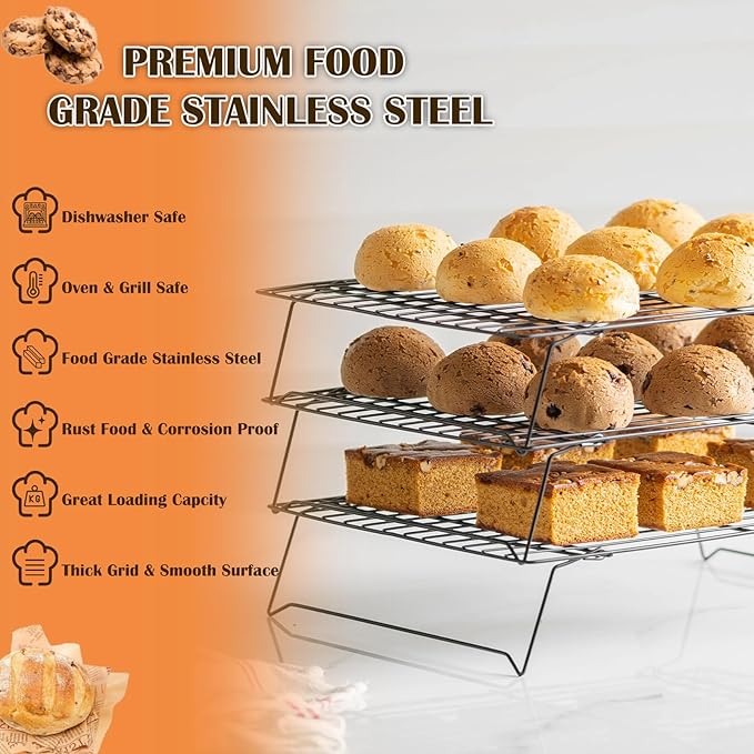 3-Tier Cooling Racks for Cooking and Baking - 13" x 9.6" Stackable Heavy Duty Stainless Steel Wire Rack for Baking, Grilling, Roasting - Oven & Dishwasher Safe - Black