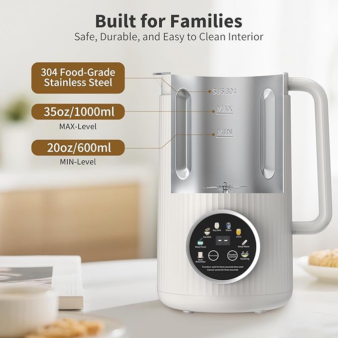 35oz Nut Milk Maker Machine: 8-in-1 Soy Milk Maker with Auto Clean & 20-Blade - Multi-Function Nut Milk Machine with Self-Cleaning, Auto Shutoff, for Vegan Drink (White)
