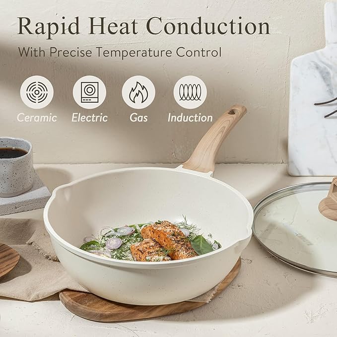 CAROTE 10Inch Nonstick Deep Frying Pan with Lid, 4.5Qt Jumbo Cooker Saute Pan with Pour Spout, Skillet Induction Cookware, Non Stick Cooking Pan Kitchen Pan PFOA Free, White Granite