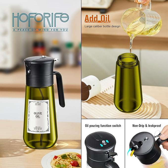 Glass Olive Oil Dispenser for Kitchen, 2 In 1 Oil Dispenser Bottle & Oil Sprayer for Cooking, Auto Flip Cap, 18oz Black (Light Blockage)