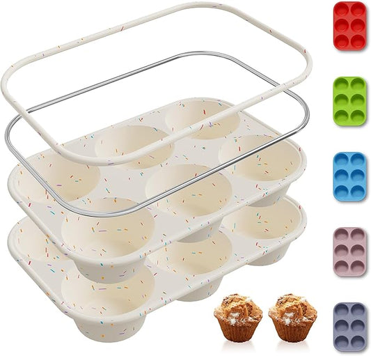 2 Pack 6 Cups Silicone Mini Muffin Pan with Metal Reinforced Frame Silicone Molds Cupcake Cake Baking Pans Cookie Baking Chocoflan Cupcake Mold Cake Molds Kitchen Baking Mom Gift Home Essentials