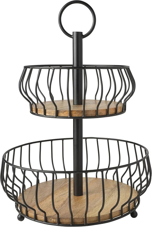 Gourmet Basics by Mikasa Savannah 2 Tier Metal Fruit Storage Countertop Basket, 12 x 12 x 16 Inch, Black