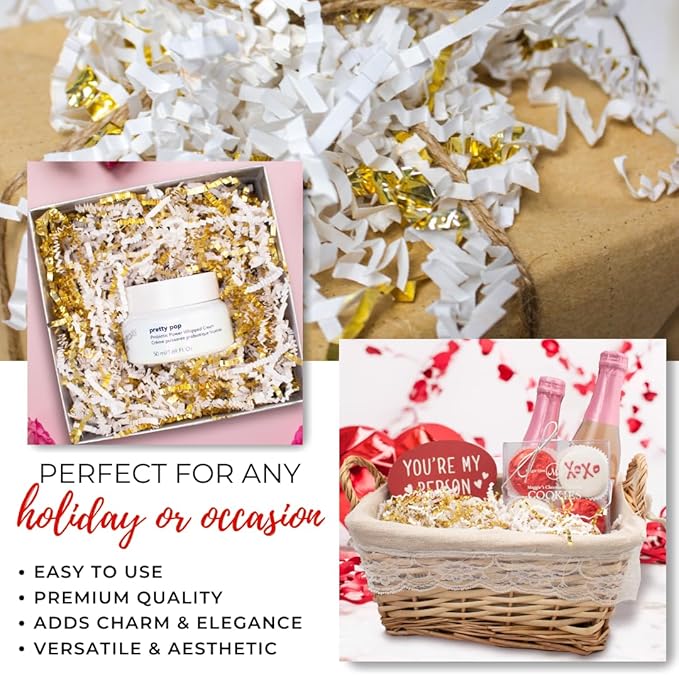 MagicWater Crinkle Cut Paper for Gift Baskets - 2LB - White & Gold - Perfect for Shredded Paper Filler, Basket Filler, Gift Boxes, Bridesmaid Gifts, Halloween Stuffers & More – Ideal for All Occasions