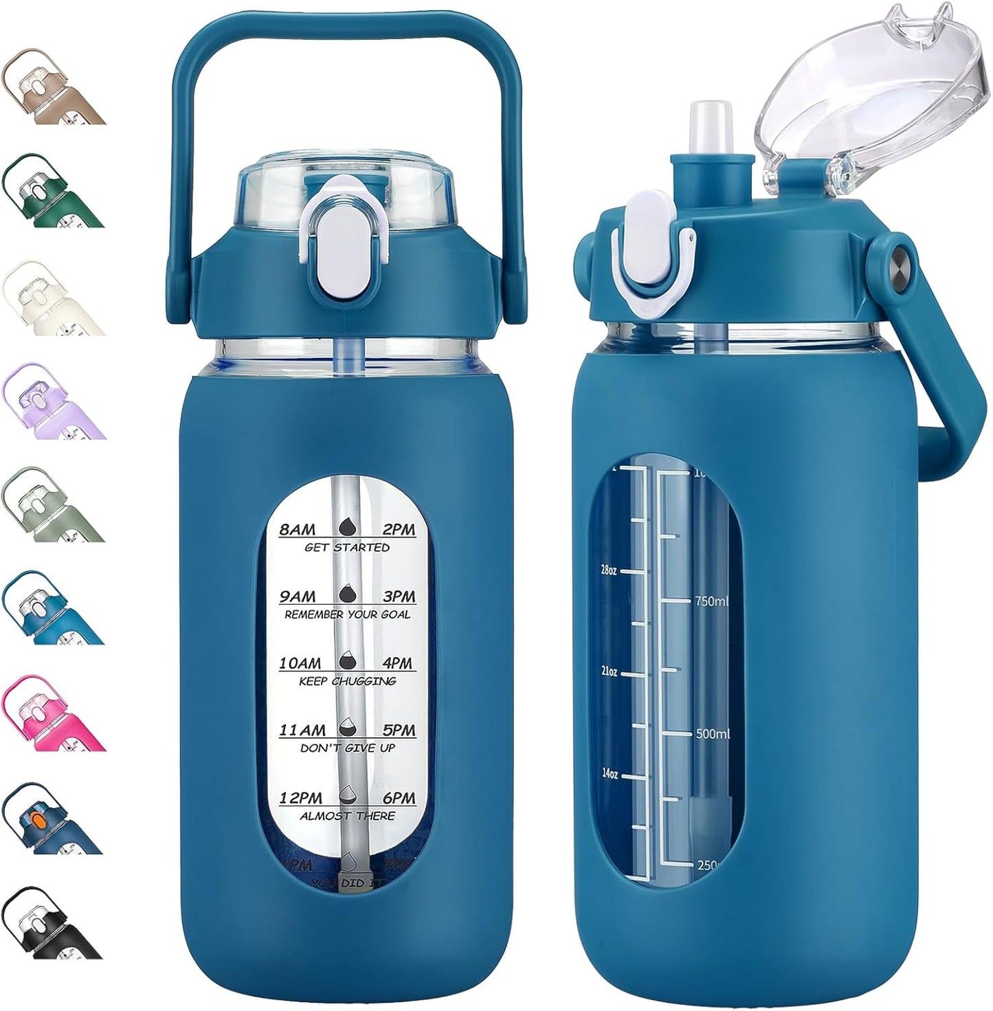 kytffu 42oz Glass Water Bottles with Straw, Motivational Glass Bottle with Silicone Sleeve and Time Marker, Leakproof Large Glass Water Jug for Gym Home Office,Iron Blue