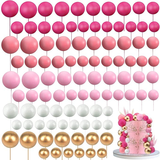 108 Pcs Balls Cake Topper DIY Cupcake Insert Foam Balloons for Cake Baking Wedding Anniversary Birthday Decoration(Pink Series, White, Gold,Multi Sizes)