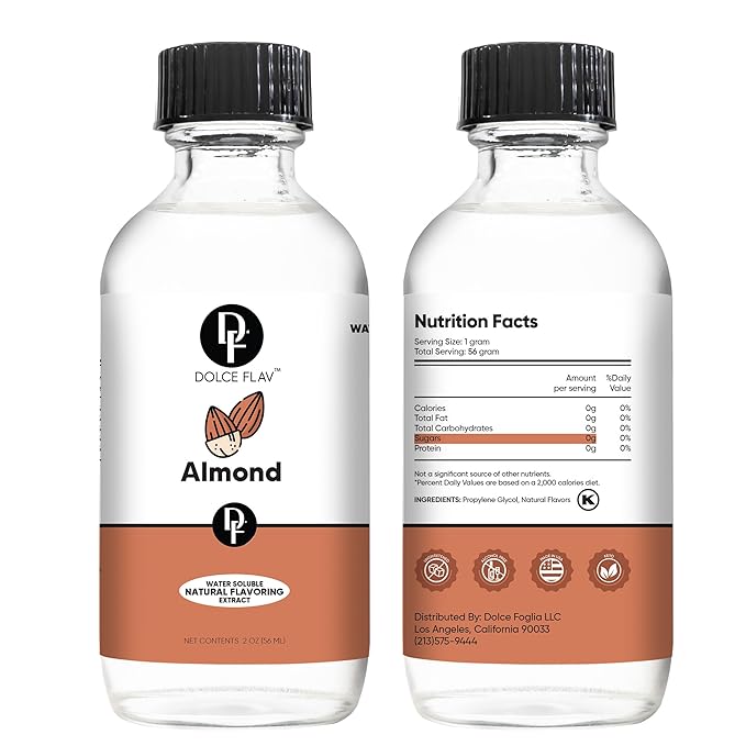Dolce Flav Natural Almond Extract – 2 Ounce Water-Soluble Kosher, Sugar-Free, Concentrated Pure Almond Flavoring for Baking, Pastries & Beverages, Includes Measured Dropper