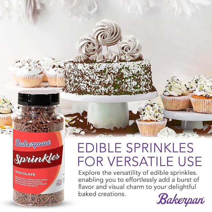 Bakerpan Chocolate Sprinkles for Cake Decorating - 2 Bottles of 4.3 Ounces Chocolate Jimmies Sprinkles for Ice Cream, Baking, Cupcakes, Cookies (Made in USA)
